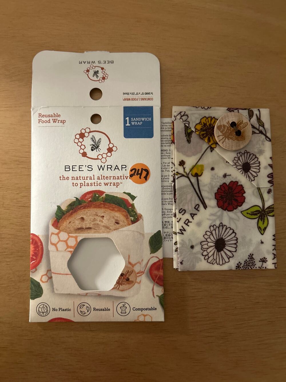 New 1pc Bee’s Wrap reusable sandwich food wrap Size 13"x13" Compostable